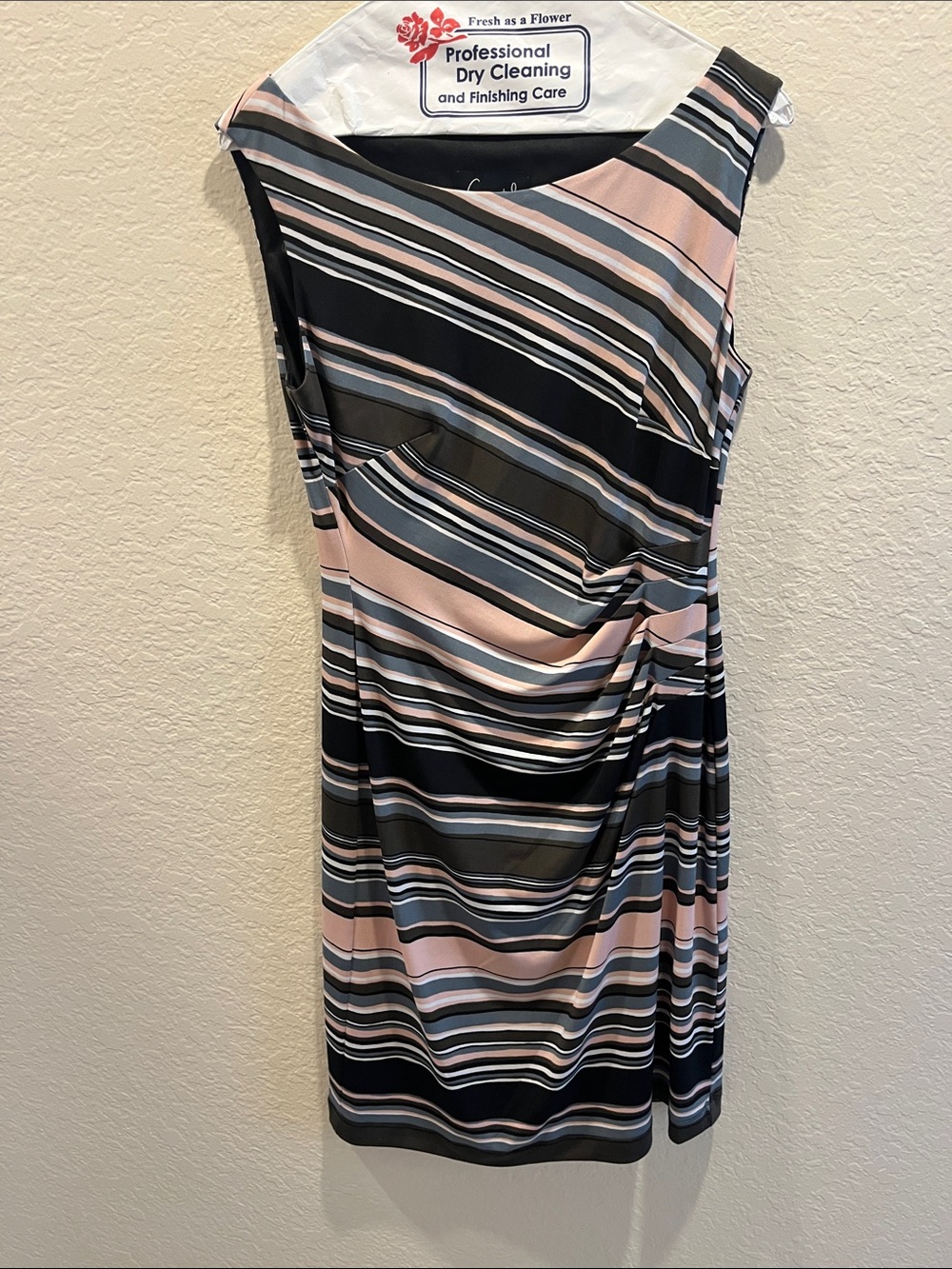 connected apparel Striped Sleeveless Sheath Dress in Pink, Black & Gray